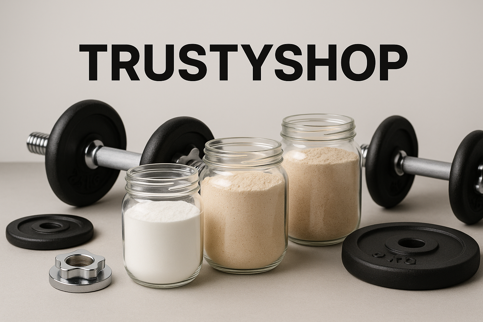 Fracos de creatina proteína sem rótulo e pesos de musculação poucos e trustyshop no meio 